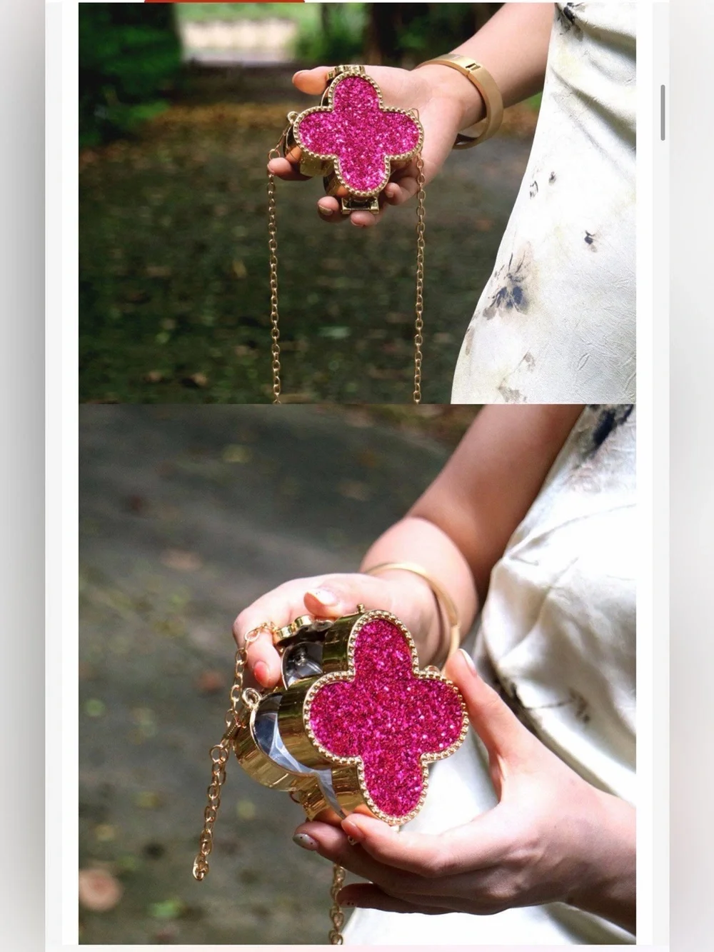 A Classy Chic Boutique Gold Clutch with Pink Glitter Clover.